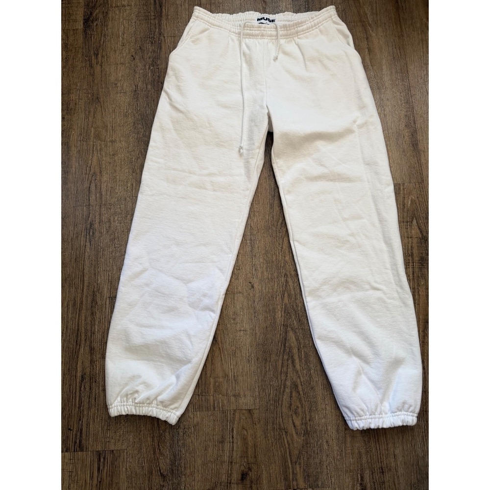 My Muse White Sweatpants XL Joggers‎ Drawstring Fleece Lounge Pants Orange Logo - Picture 2 of 5